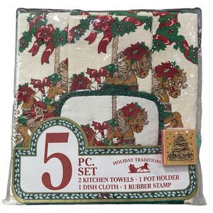 Vintage Holiday Traditions‎ 5 pc Christmas Carousel Horse Kitchen Towel Set
